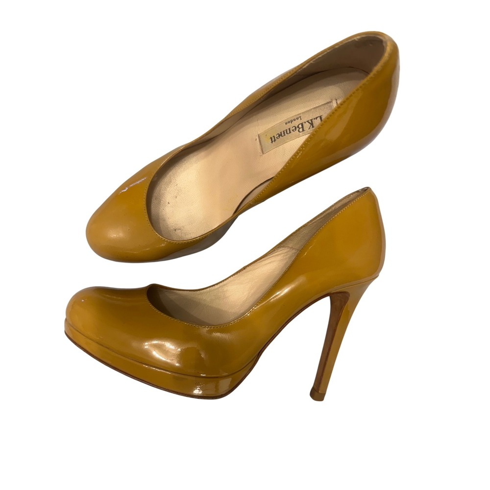 L.K. Bennett London Gold Patent Leather Platform Heels Size 37